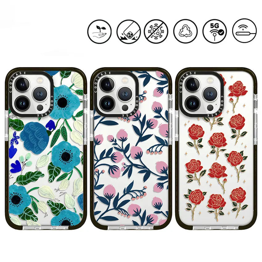 Full Screen Green Red Flowers Phone Case For iPhone 11 12 13 14 15 16 Pro MAX X XS XR Max 7 8 Plus MINI Back Y2K Anti Fall Cover